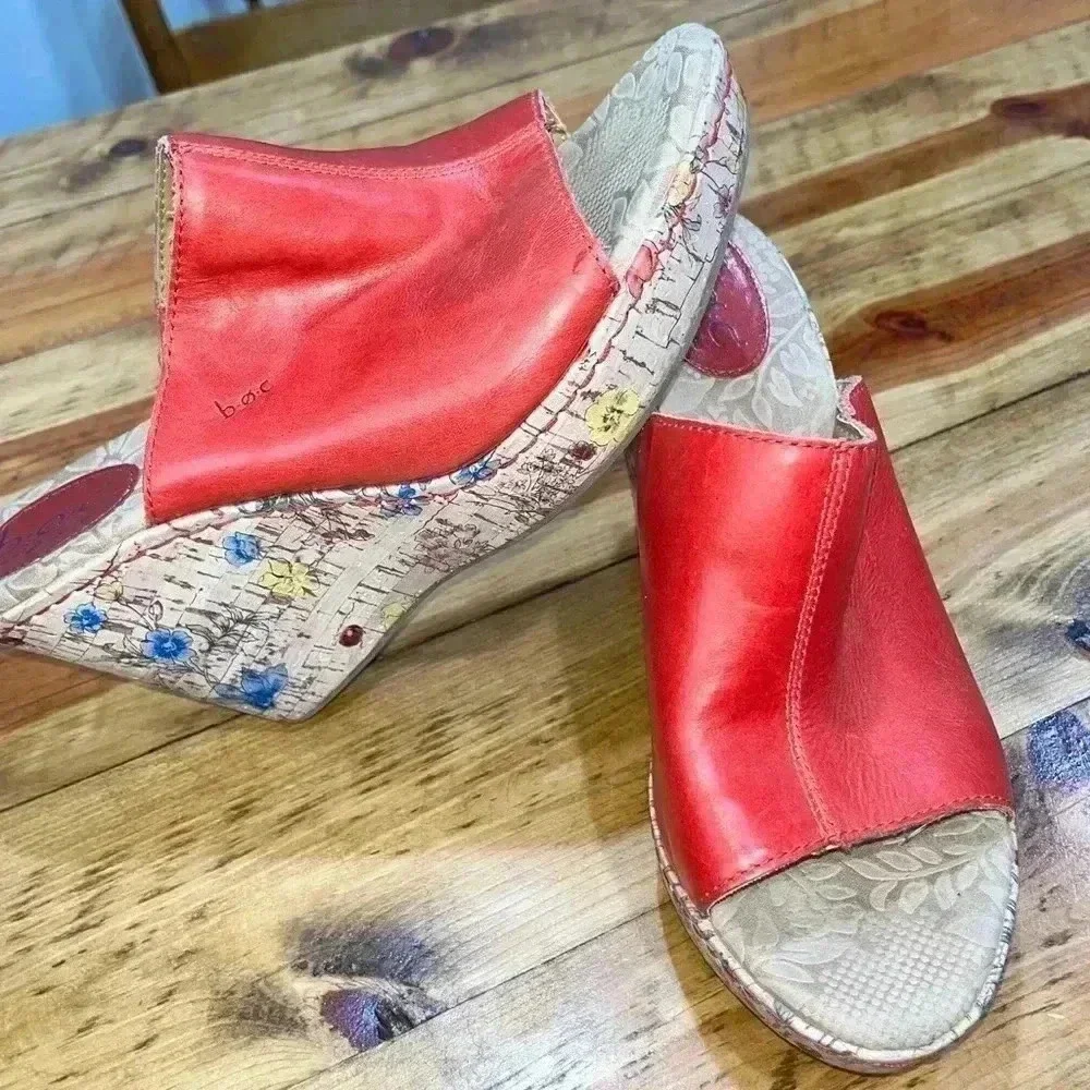B.O.C RED LEATHER WITH FLOWER CORK WEDGE SLIP ON SANDALS Y2K